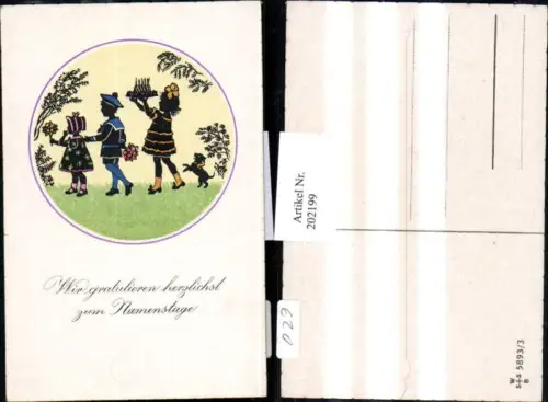 202199,Künstler AK F. Kaskeline Scherenschnitt Silhouette Kinder m. Blumen Kuchen Hund