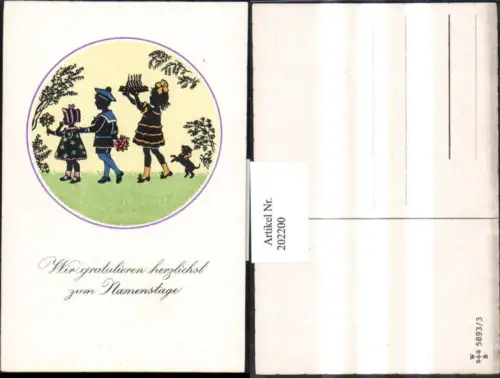 202200,Künstler AK F. Kaskeline Scherenschnitt Silhouette Kinder m. Blumen Kuchen Hund