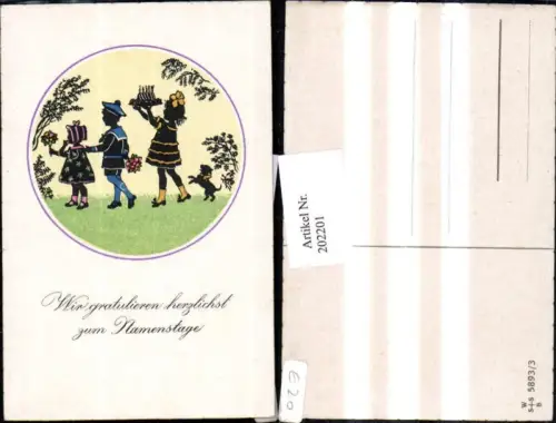 202201,Künstler AK F. Kaskeline Scherenschnitt Silhouette Kinder m. Blumen Kuchen Hund