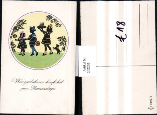 202202,Künstler AK F. Kaskeline Scherenschnitt Silhouette Kinder m. Blumen Kuchen Hund