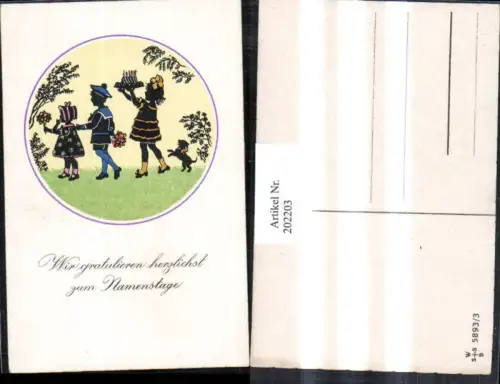 202203,Künstler AK F. Kaskeline Scherenschnitt Silhouette Kinder m. Blumen Kuchen Hund