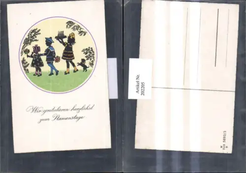 202205,Künstler AK F. Kaskeline Scherenschnitt Silhouette Kinder m. Blumen Kuchen Hund