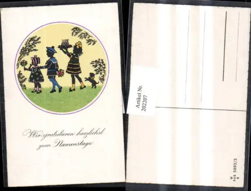 202207,Künstler AK F. Kaskeline Scherenschnitt Silhouette Kinder m. Blumen Kuchen Hund