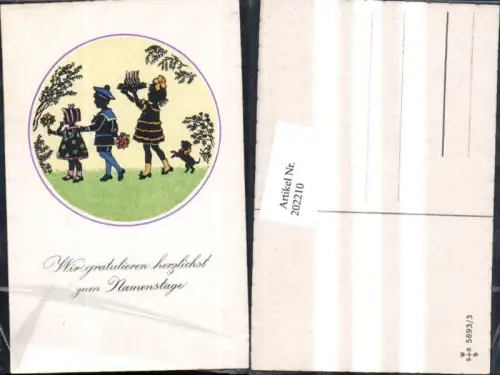 202210,Künstler AK F. Kaskeline Scherenschnitt Silhouette Kinder m. Blumen Kuchen Hund