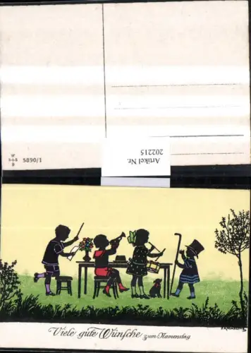 202215,Künstler AK F. Kaskeline Scherenschnitt Silhouette Kinder Dirigent Trompete Trommel Stock Hund