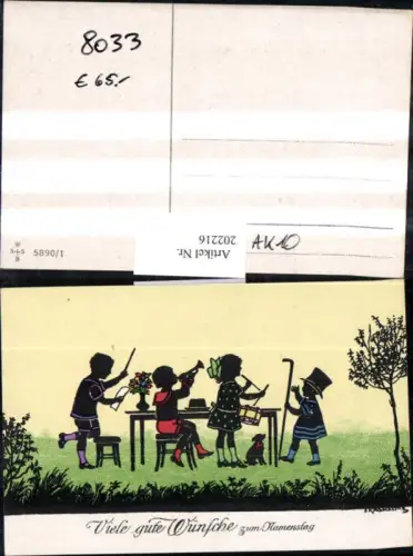202216,Künstler AK F. Kaskeline Scherenschnitt Silhouette Kinder Dirigent Trompete Trommel Stock Hund