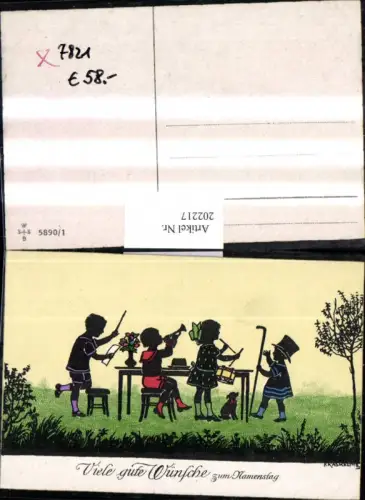 202217,Künstler AK F. Kaskeline Scherenschnitt Silhouette Kinder Dirigent Trompete Trommel Stock Hund