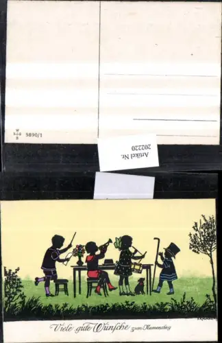 202220,Künstler AK F. Kaskeline Scherenschnitt Silhouette Kinder Dirigent Trompete Trommel Stock Hund