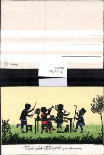 202223,Künstler AK F. Kaskeline Scherenschnitt Silhouette Kinder Dirigent Trompete Trommel Stock Hund