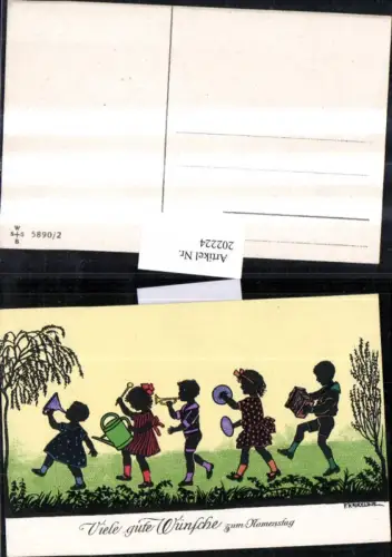 202224,Künstler AK F. Kaskeline Scherenschnitt Silhouette Kinder Gießkanne Trichter Trompete Akkordeon