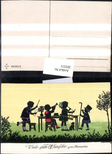 202231,Künstler AK F. Kaskeline Scherenschnitt Silhouette Kinder Dirigent Trompete Trommel Stock Hund