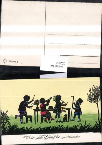 202232,Künstler AK F. Kaskeline Scherenschnitt Silhouette Kinder Dirigent Trompete Trommel Stock Hund