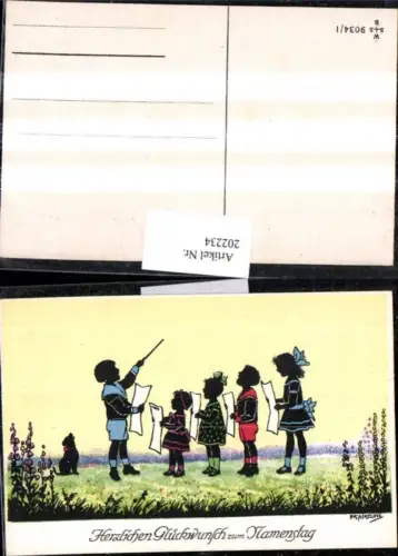 202234,Künstler AK F. Kaskeline Scherenschnitt Silhouette Kinder b. Singen Dirigent Hund Blatt Papier
