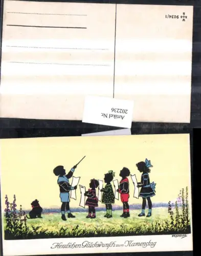 202236,Künstler AK F. Kaskeline Scherenschnitt Silhouette Kinder b. Singen Dirigent Hund Blatt Papier