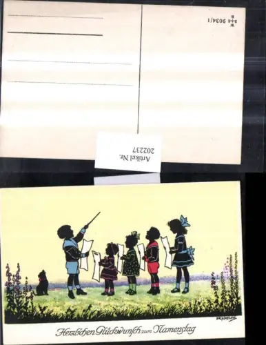 202237,Künstler AK F. Kaskeline Scherenschnitt Silhouette Kinder b. Singen Dirigent Hund Blatt Papier