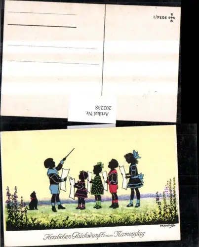 202238,Künstler AK F. Kaskeline Scherenschnitt Silhouette Kinder b. Singen Dirigent Hund Blatt Papier