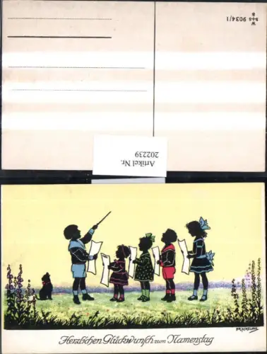 202239,Künstler AK F. Kaskeline Scherenschnitt Silhouette Kinder b. Singen Dirigent Hund Blatt Papier