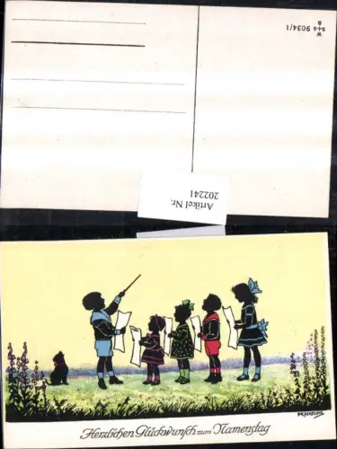 202241,Künstler AK F. Kaskeline Scherenschnitt Silhouette Kinder b. Singen Dirigent Hund Blatt Papier