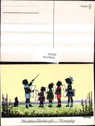 202243,Künstler AK F. Kaskeline Scherenschnitt Silhouette Kinder b. Singen Dirigent Hund Blatt Papier