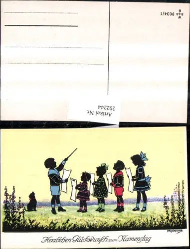 202244,Künstler AK F. Kaskeline Scherenschnitt Silhouette Kinder b. Singen Dirigent Hund Blatt Papier