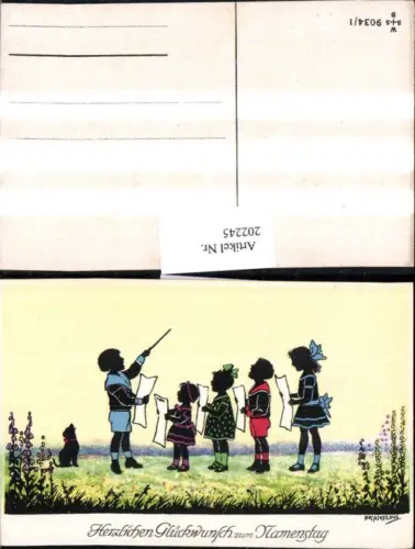 202245,Künstler AK F. Kaskeline Scherenschnitt Silhouette Kinder b. Singen Dirigent Hund Blatt Papier