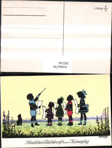 202246,Künstler AK F. Kaskeline Scherenschnitt Silhouette Kinder b. Singen Dirigent Hund Blatt Papier