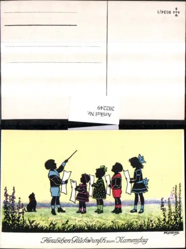202249,Künstler AK F. Kaskeline Scherenschnitt Silhouette Kinder b. Singen Dirigent Hund Blatt Papier