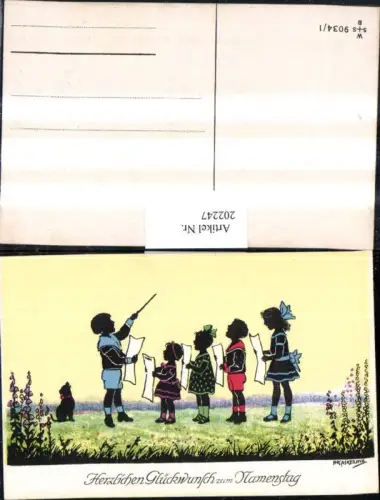 202247,Künstler AK F. Kaskeline Scherenschnitt Silhouette Kinder b. Singen Dirigent Hund Blatt Papier
