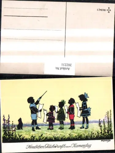 202251,Künstler AK F. Kaskeline Scherenschnitt Silhouette Kinder b. Singen Dirigent Hund Blatt Papier