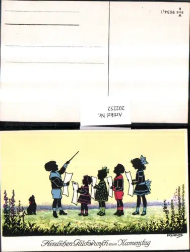 202252,Künstler AK F. Kaskeline Scherenschnitt Silhouette Kinder b. Singen Dirigent Hund Blatt Papier