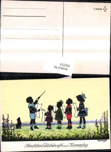 202253,Künstler AK F. Kaskeline Scherenschnitt Silhouette Kinder b. Singen Dirigent Hund Blatt Papier
