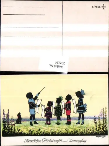 202254,Künstler AK F. Kaskeline Scherenschnitt Silhouette Kinder b. Singen Dirigent Hund Blatt Papier