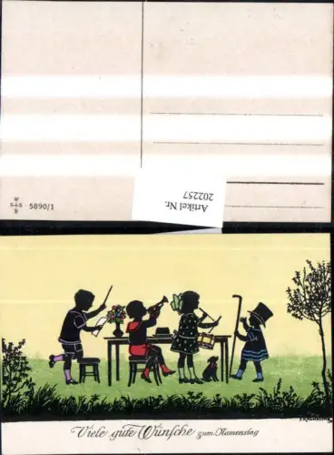 202257,Künstler AK F. Kaskeline Scherenschnitt Silhouette Kinder Dirigent Trompete Trommel Stock Hund