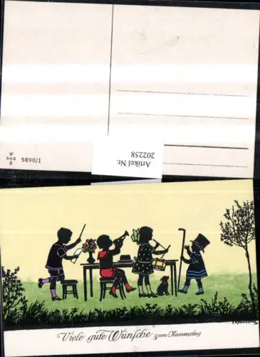 202258,Künstler AK F. Kaskeline Scherenschnitt Silhouette Kinder Dirigent Trompete Trommel Stock Hund