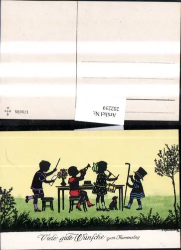 202259,Künstler AK F. Kaskeline Scherenschnitt Silhouette Kinder Dirigent Trompete Trommel Stock Hund