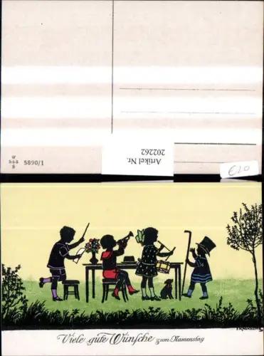 202262,Künstler AK F. Kaskeline Scherenschnitt Silhouette Kinder Dirigent Trompete Trommel Stock Hund