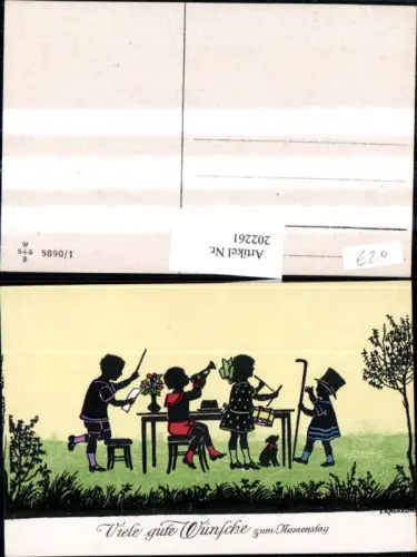 202261,Künstler AK F. Kaskeline Scherenschnitt Silhouette Kinder Dirigent Trompete Trommel Stock Hund