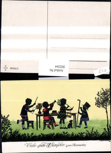 202264,Künstler AK F. Kaskeline Scherenschnitt Silhouette Kinder Dirigent Trompete Trommel Stock Hund