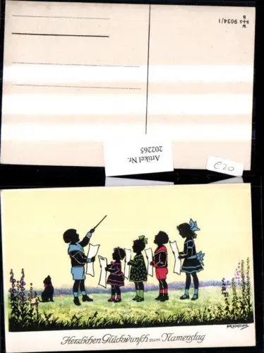 202265,Künstler AK F. Kaskeline Scherenschnitt Silhouette Kinder b. Singen Dirigent Hund Blatt Papier