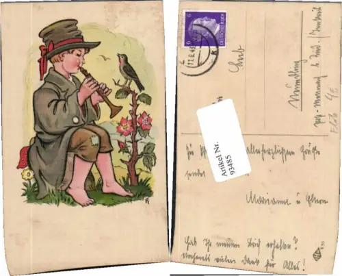 93485,Künstlerkarte Junge m. Flöte Vogel sign H.