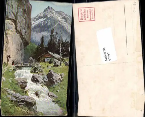 97897,J. Splitgerber jun Künstlerkarte Bach marterl berge Haus