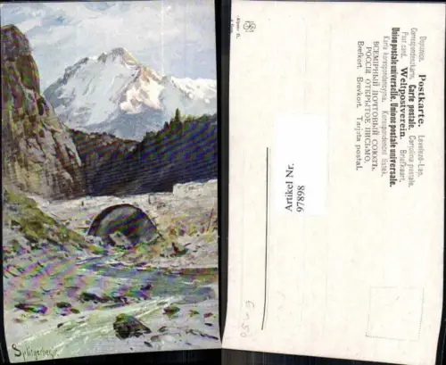 97898,J. Splitgerber jun Künstlerkarte Berge Brücke Fluss