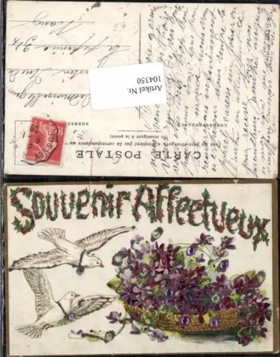 104350,Präge AK Brieftauben Tauben Blumen Korb Glitzer AK