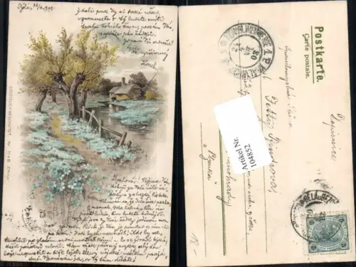 104852,Litho Erika Nr 1148 Ufer Bach Haus Baum