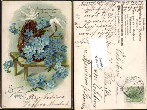 104899,Präge Litho Tauben Vögel Veilchen Vergiss Mein Nicht Korb