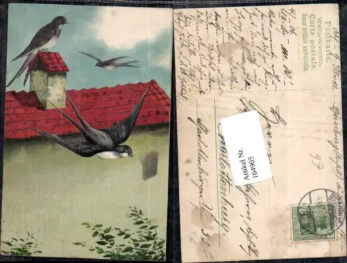 104905,Präge AK Vögel Vogel am Dach Haus