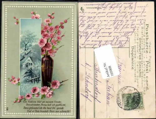 105008,Tolle Litho Blumen Rosen Haus vase 1905