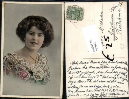 105012,Tolle Portrait AK Frau Glitzer Halskette Rosen