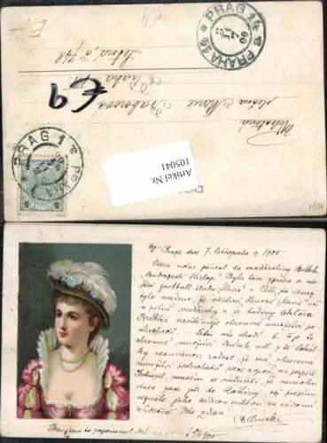 105041,Litho Frau m. Hut Federn im Hut Mode Halskette 1900