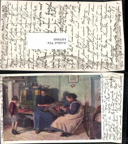 105960,Josef E. Hörwarter Frau strickt stricken Bub Kachelofen